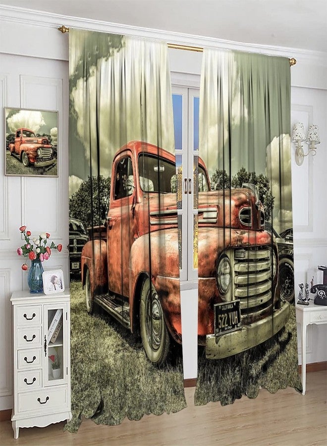 LOMADIA Vintage Car Curtains,Retro Rustic Truck Antique Red Old Truck Blackout Curtain Nursery Boys Girls Room Darkening Window Drapes, 2 Panels,52x84in - Image 3
